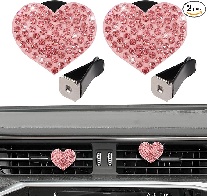2PCS Heart-Shaped Car Vent Clip with Rhinestone, Car Vent Accessory, Bling Heart Charm Air Conditioning Outlet Clip, Auto Diffuser Air Freshener Charm for Women Girls (Pink, Heart)