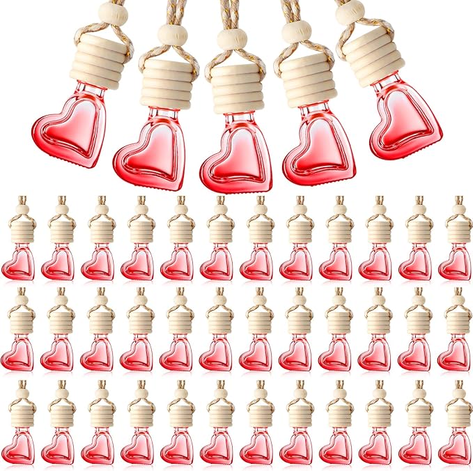 50 Pcs 6ml Hanging Car Diffuser Bottle Empty Glass Perfume Air Freshener Heart Love Bottle Diffuser Pendant Valentine's Day Essential Oil Fragrance Aromatherapy Ornament (Red)