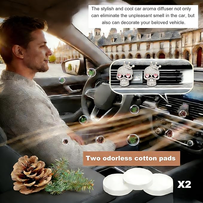 Gothic Skull Car Air Freshener Vent Clips with 2 Pads, Halloween Scented Car Accessories for Men Women, Automotive Interior Decor and Cool Car Fresheners for Men， Spooky Gift Idea-A9
