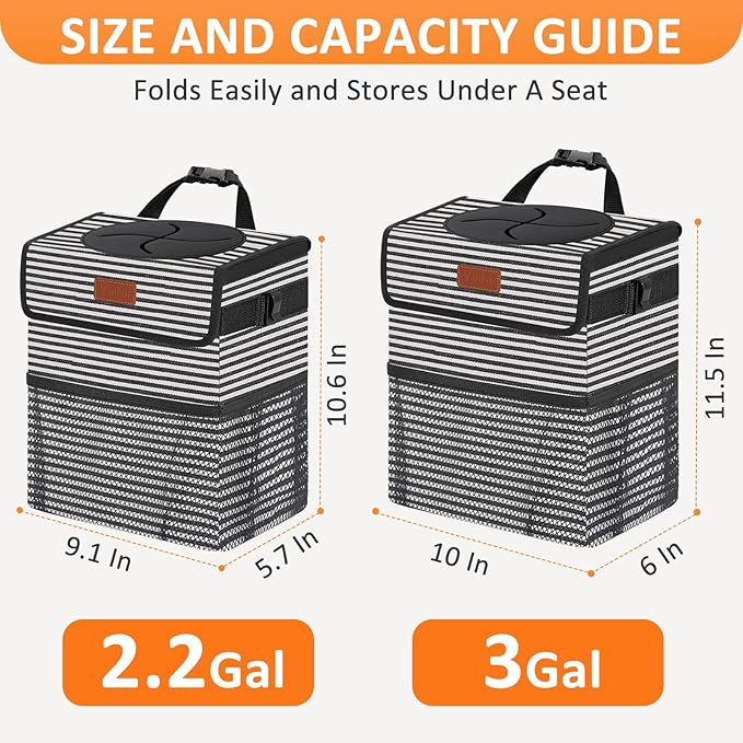 3 Gallons Car Trash Can with Lid, Car Trash Bag Bin Hanging Waterproof Automotive Garbage Cans Leak Proof Vehicle Trash Can Stripe
