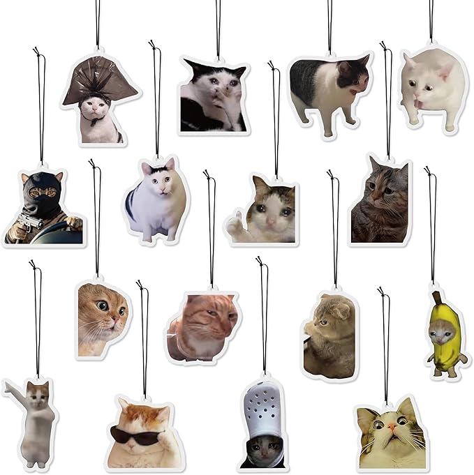 Funny Car Air Freshener Card - 16Pcs Cute Cat Refresh Air Fragrant Scented Rearview Mirror Hanging Ornaments, Double Sided Printing Kitten Oil Scent Pendant Gift for Home Bathroom Decor