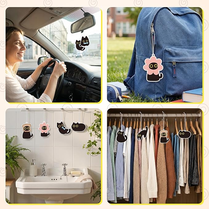 Funny Black Cat Car Air Fresheners - 16Pcs Cute Cartoon Meme Freshener Hanging Ornaments for Women, Kitten Hanging Interior Scent Accessories for Birthday Party Gift Car Mirror Wardrobe Home