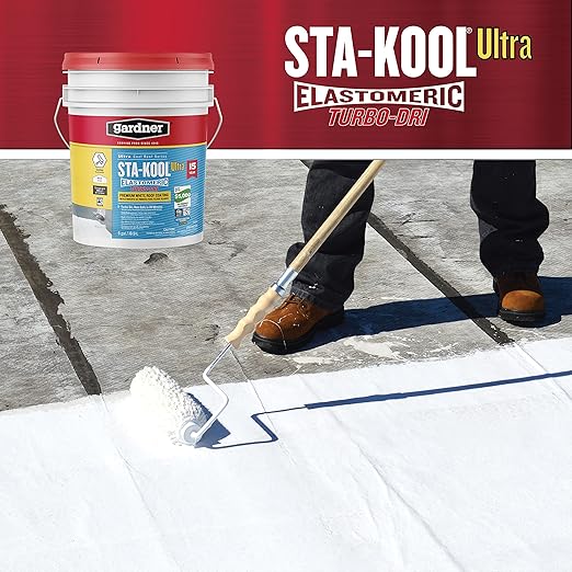 Gardner-Gibson Sta-Kool 15-Year Turbo-Dri Elastomeric Roof Coating, White, 5 Gal., Flexible White Acrylic Roof Coating, Reflective Finish Keeps Cool, Great for RV