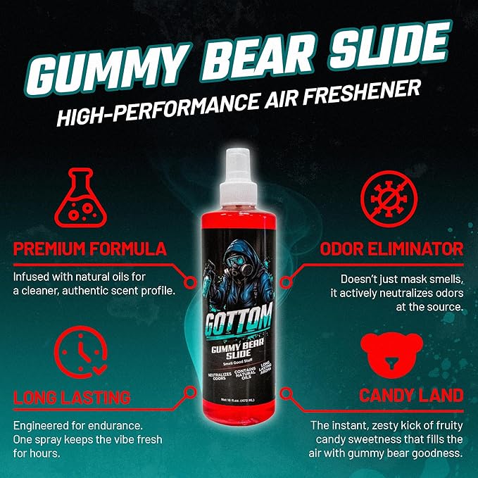 Gottom Air Freshener Spray - Long Lasting Odor Eliminator - 16 oz (Gummy Bear Slide) - Car Scent, Auto Odor Remover, Fresh Fragrance, Air Freshener for Trucks, SUVs, RVs & more