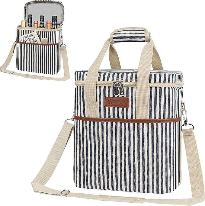 opux 6 Bottle Carrier Tote | Insulated Padded Wine Cooler Bag for Travel. Picnic, BYOB | Portable Leakproof Wine Tote Bag for Dinner, Party, Christmas, Wine Gift for Women, Men (Stripe Navy)