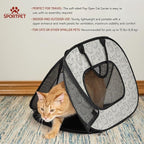 SportPet Designs Pop Open Cat Carrier, Soft-Sided Collapsible Travel Carrier for Cats up to 15 lbs, Lightweight Portable Design with Mesh Ventilation & Secure Zippers, Cat Print