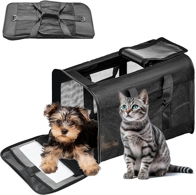 FluffyDream Pet Travel Carrier Soft Sided Portable Bag for Cats, Small Dogs, Kittens or Puppies 17 lbs Max, Collapsible, Durable, Airline Approved, Travel Friendly (Medium)