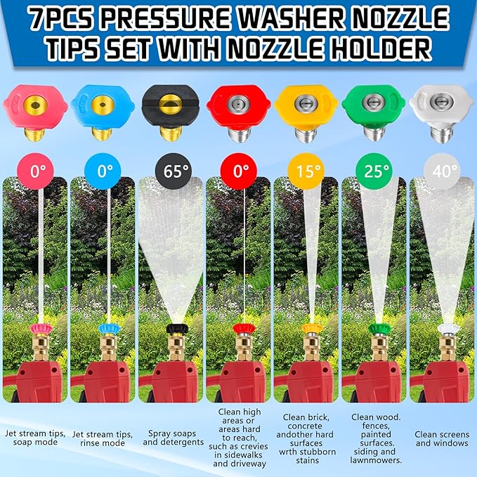 Boltigen Foam Cannon Dual-Connector Tool with 7 Pressure Washer Nozzle Tips, 1/4" Quick Connect Switch Double Tip Attachment, Pressure Washer Extension Wand Accessory Kit, 4000 PSI