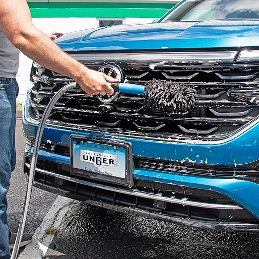 Unger 7” Hydropower Wheel & Detail Brush with Adjustable On/Off Water Control Valve for Car and Auto Cleaning, Non-Scratch Microfiber Sleeve, Machine Washable, Flexible for Rims, Tires, and Wheels