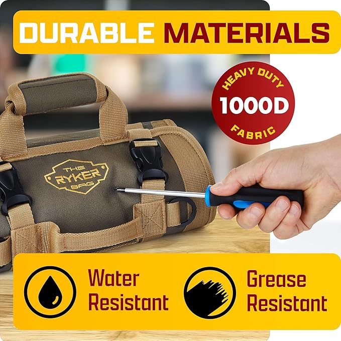 The Ryker Roll Up Tool Bag Organizer Gifts for Dad. Heavy Duty Motorcycle Tool Roll Bag Organizer. Portable Rollup Toolbag w/Detachable Pouches - Tools Bags Mens gifts for him - Mechanic & Electrician