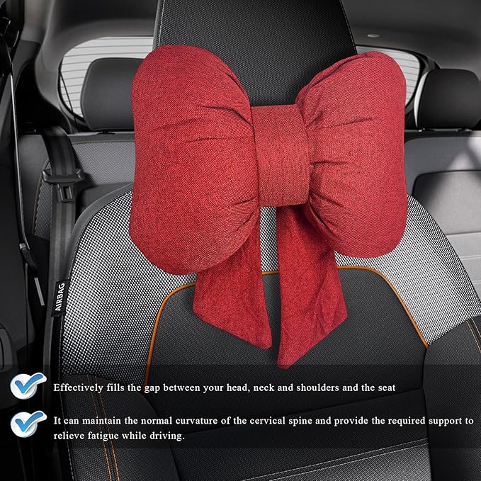Bow Car Headrest Pillow, Breathable Ergonomic Auto Neck Cushion with Adjustable Strap, Comfy Vehicle Neck Support Pillow Cute Bow Girl-Style Decoration for Driving Seats (Red)