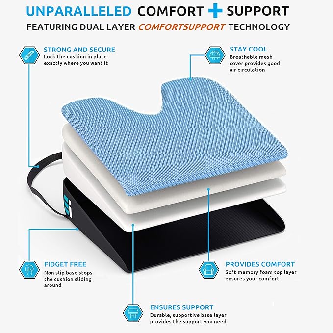 Premium Wedge Car Seat Cushion for Driving - Sciatica Seat Cushion for Car, Office, Home, Back Pain, Hip Support, Sciatica Pain Relief - Ergonomic Non-Slip Memory Foam Driving Pillow 17.5 x 15 x 3.5