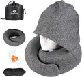 Travel Pillow - Hooded Neck Pillow Airplane Memory Foam Filling for Plane, Office, Cars Sleeping, Road Trip, Long Flights, Portable Plane Accessories, Includes Eye Mask & Earplugs (Dark Gray)