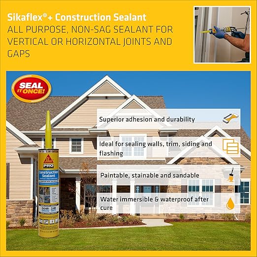 SIKA Sikaflex Construction Sealant, Tan 10.1 fl. oz, Polyurethane for Vertical & Overhead Joints, Ideal for Windows & Doors, Paintable & Stainable