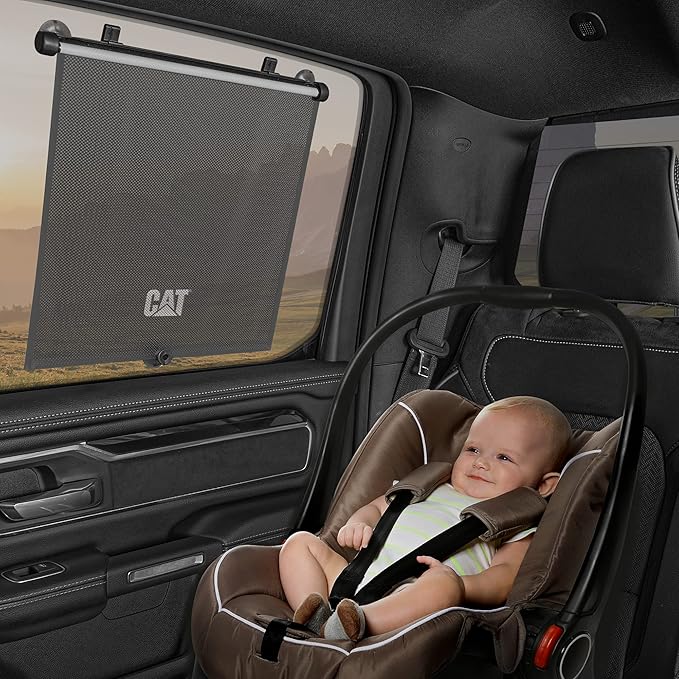 CAT Retractable Pull-Down Back Seat Side Window Shades for UV Sun Protection, Universal Fit, 2-Pack, Gray, Modern Style, 14x19in