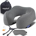 napfun Neck Pillow for Traveling, Upgraded Travel Neck Pillow for Airplane 100% Pure Memory Foam Travel Pillow for Flight Headrest Sleep, Portable Plane Accessories, Dark Gray Striped Kit