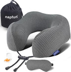 napfun Neck Pillow for Traveling, Upgraded Travel Neck Pillow for Airplane 100% Pure Memory Foam Travel Pillow for Flight Headrest Sleep, Portable Plane Accessories, Dark Gray Striped Kit