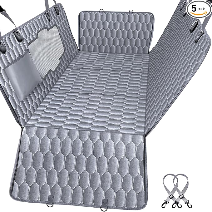 Back Seat Extender for Dogs-Supports 400lb,Waterproof Dog Car Seat Cover Hard Bottom-Detachable,600D Heavy Duty Scratch Proof Nonslip Soft,Dog Hammock for Car,SUVs-Grey