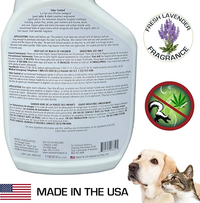 Rochester Midland PRS Stain & Odor Eliminator- 32oz, Enzyme Urine Odor Eliminator, Carpet Cleaner Spray, Fresh Lavender Fragrance for Strong Odor, Dog Pee and Cat Urine Enzyme Cleaner Destroyer