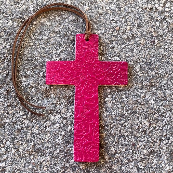 Air Flair | Leather Car Air Freshener | Cross | Rose Pattern (Fuchsia, Warm Sugar Scent)