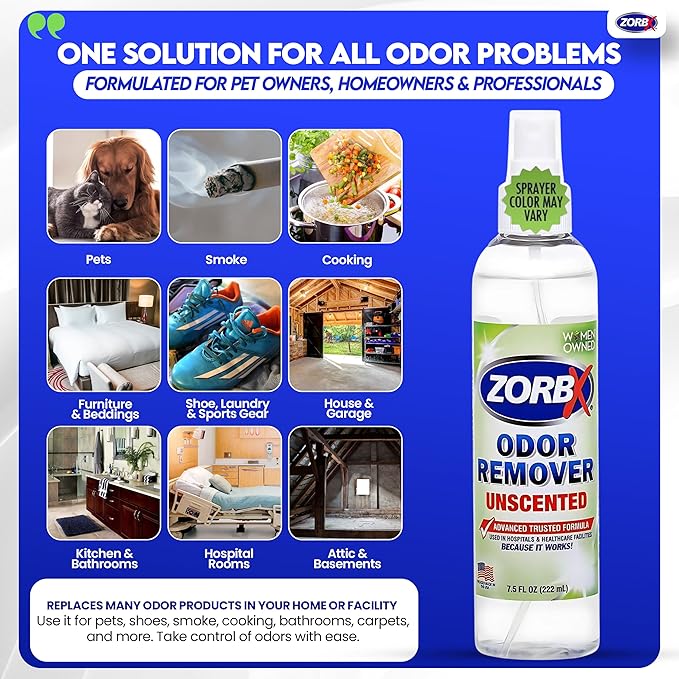 ZORBX Unscented Odor Eliminator for Strong Odor 7.5 Fl Oz Pack of 2 - Used in Hospitals & Healthcare Facilities - Advanced Formula, Fast-Acting Odor Remover Spray for Dog, Cat, House & Carpet