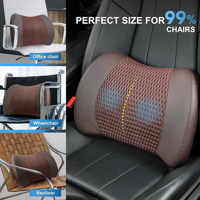 Memory Foam Lumbar Support Cushion Relieves Lower Back Pain for Car Seat, Office Chair, and Wheelchair, 4D Mesh, Brown