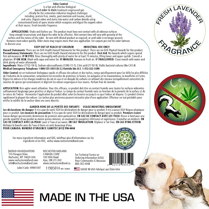 Rochester Midland PRS Stain & Odor Eliminator- 32oz, Enzyme Urine Odor Eliminator, Carpet Cleaner Spray, Fresh Lavender Fragrance for Strong Odor, Dog Pee and Cat Urine Enzyme Cleaner Destroyer
