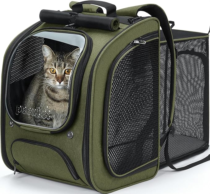Pecute Cat Backpack Carrier Expandable, Large Space Cat Bubble Backpack, Breathable Cat Carrier, Shaded Dog Backpack Carrier for Travel, Hiking, Vet,12.6" L x 10.2" W x 16.5" H,Green