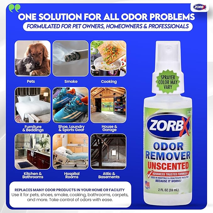 ZORBX Unscented Odor Eliminator for Strong Odor 2 Fl Oz, Pack of 1 - Used in Hospitals & Healthcare Facilities - Advanced Formula, Fast-Acting Odor Remover Spray for Dog, Cat, House & Carpet