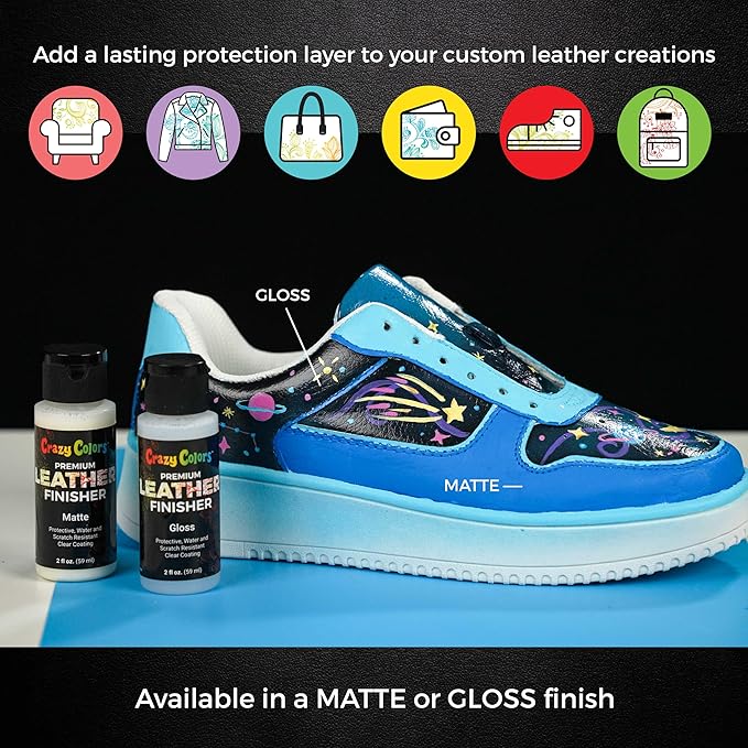 Crazy Colors Premium Dull Matte Acrylic Leather and Shoe Paint Finisher, 2 oz Bottle - Clearcoat Sealant Protection - Durable Scratch, Crack, Peel, Fade Resistant Finish - Artwork Jackets, Bags Purses