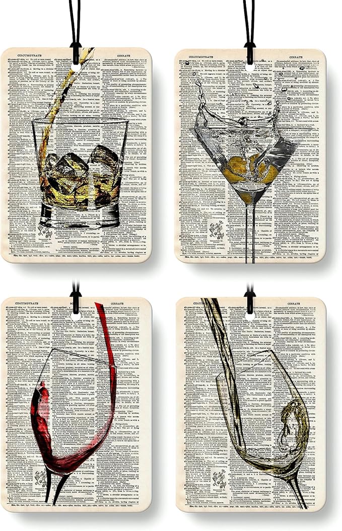 Trendy Retro Wine Cologne Car Air Freshener 4 Pcs, Funky Classic Cocktail Whisky Wine Hanging Air Freshener for Cars Bathroom Dorm Books Decor, Vintage Accessories Gifts for Women Girls Men