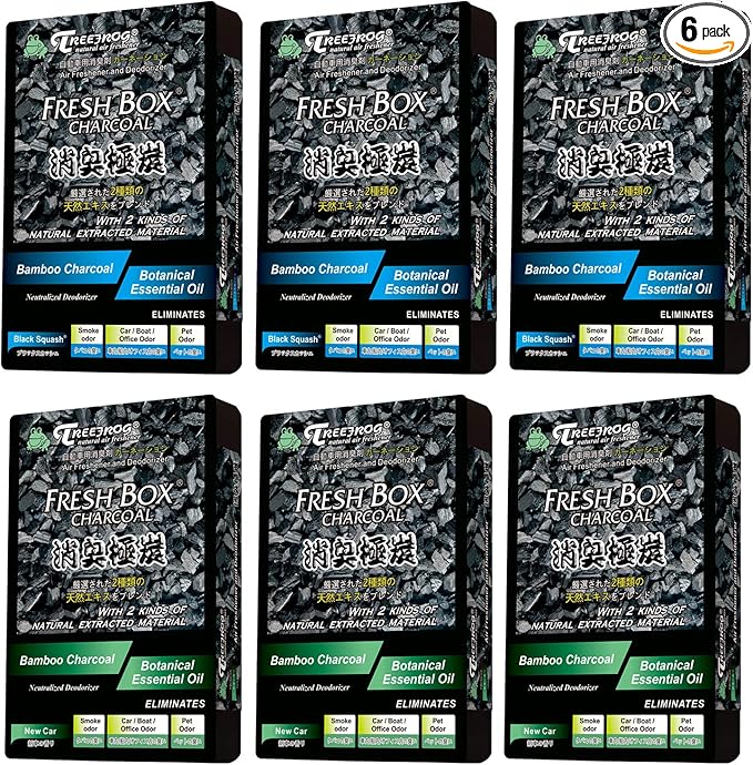 Treefrog Xtreme Fresh Charcoal Black Squash x3, New Car Scent x3 Air Freshener, Deodorizer and Neutralizer air, Special Deal Bundle Mixed Pack, Black Bamboo Charcoal, Generously Large Size 200g.