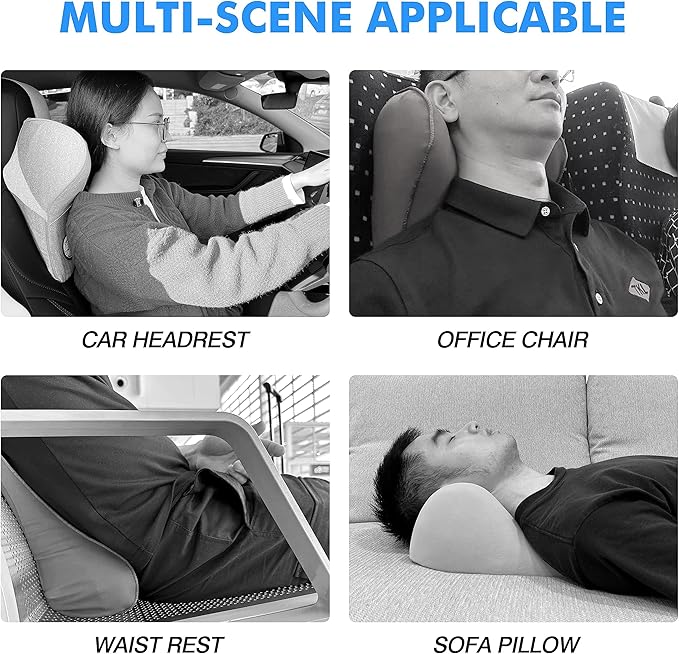 Car Neck Pillow for Driving Seat Car Headrest Pillow with Flexible Strap, 100% Memory Foam Neck Support Pillow for Car, Office Chair Dark Grey Pack of 2