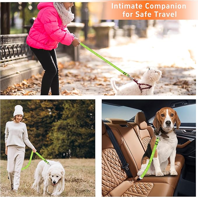Dog Car Seat Belt - 3 Piece Set Retractable Dog Harness with Adjustable Reflective Seatbelt for Vehicle Headrests - Heavy Duty & High Elastics - Green