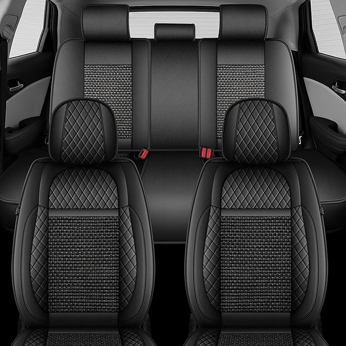 TTX LIGHTING for Honda Pilot 2005-2016 Car Seat Covers, Breathable Ice Silk & Leather Seat Protector, Cool & Anti-Sweat for Long Driving, Airbag Compatible, 5 Seats Full Set (Black)
