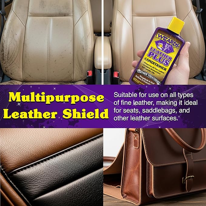 Wizards Leather Plus Leather Conditioner - Moisturizing Car Leather Seat Cleaner and Conditioner - Cleans, Conditions and Protects Leather, Naugahyde and Vinyl Car Accessories - 8 oz - Made in USA