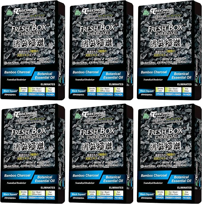 Treefrog Xtreme Fresh Box Charcoal Black Squash Scent 6-Pack Car Air Freshener, Deodorizer and Neutralizer air, Plus Smelling Great, Black Bamboo Charcoal, Generously Large Size 200g.