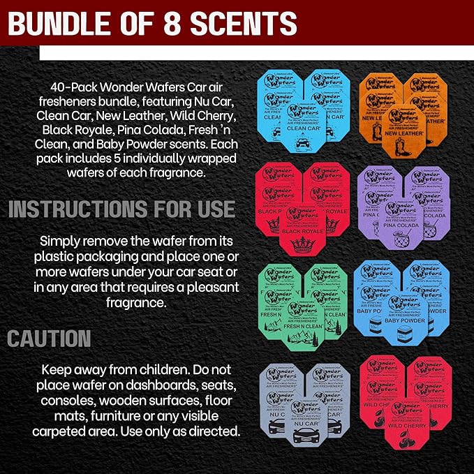 Wonder Wafers 40 Pack Car Air Fresheners- 8 Scent Bundle Variety Pack: Nu Car, Clean Car, New Leather, Wild Cherry, Black Royale, Pina Colada, Fresh 'n Clean, Baby Powder, 5 Individually Wrapped each
