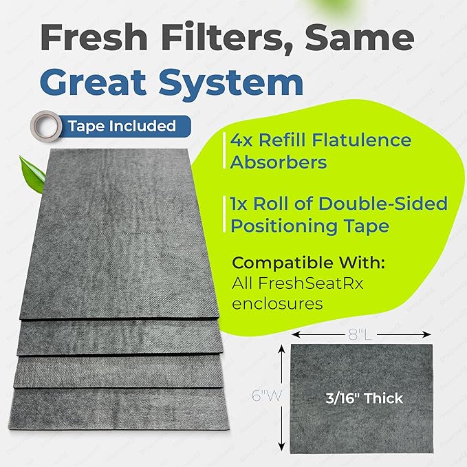 FreshSeatRx 4-Refill Filters fit FS-4 enclosures. Activated Charcoal, Chemical Warfare Design High Absorbency-CWDHA Activated Carbon Filter Pads. Reusable, Reset with Low Heat for Weeks of use. FR-4