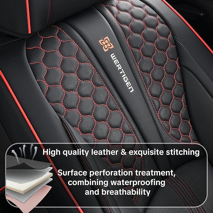 Universal Car Seat Covers, Black with Red Trim, Premium Nappa Leather, with Lumbar Support, Waterproof, Full Set, Non-Slip, Contoured Fit, Airbag Compatible, Fits Suvs, Sedans, Pickup Trucks
