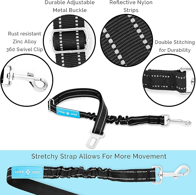 Duke & Dixie Dog Seat Belt Pet Dog Cat Car Seatbelt Safety - Adjustable Harness Safety Belts Pet Leash - Heavy Duty Nylon - Universal Fit (2 Pack Elastic Leash) (2 Pack Elastic seat BLT Leash)