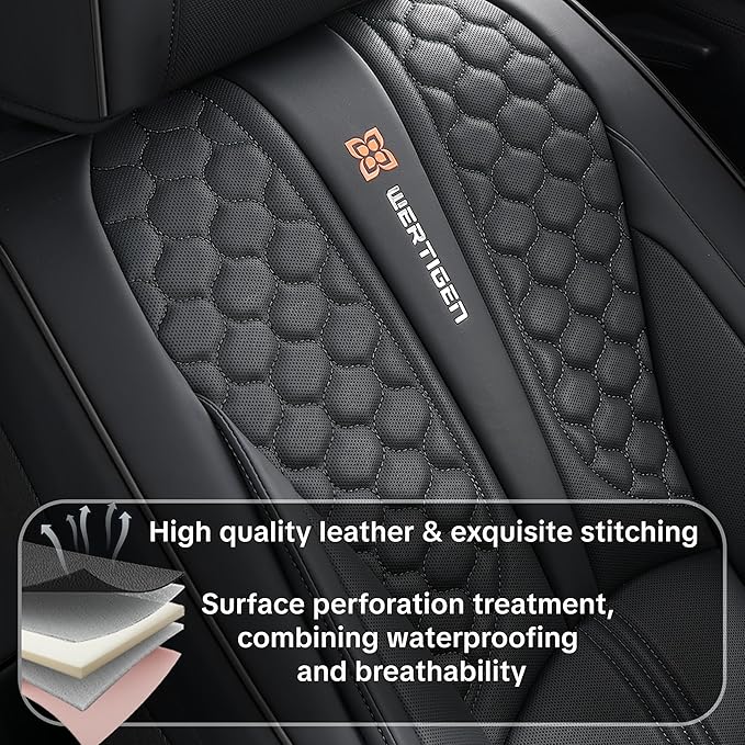 Black Universal Car Seat Covers Premium Nappa Leather with Lumbar Support Waterproof Full Set Non-Slip Contoured Fit Airbag Compatible Fits Most Vehicles Easy to Clean and Install
