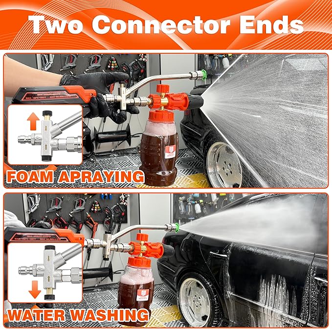 RIDGE WASHER Pressure Washer Gun Foam Cannon with Dual Connector Accessory, Double Tip Attachment for Foam Blaster, Stainless Steel Car Wash Foam Gun, 1/4" Quick Connect, 4000 PSI