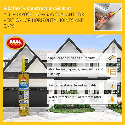 SIKA Sikaflex Construction Sealant - Black, Paintable Polyurethane, All-Purpose for Sealing Joints & Gaps, 10.1 fl. oz Cartridge - Weatherproof, Durable, Non-Corrosive