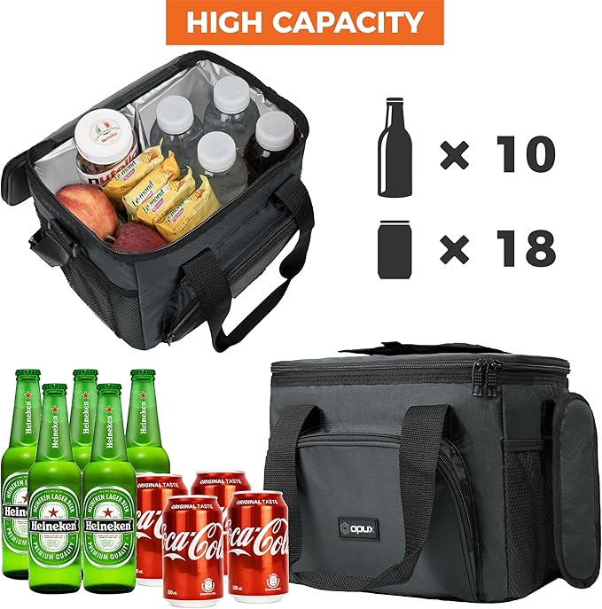 OPUX Soft Cooler Bag, Insulated Collapsible Soft Sided Cooler Lunch Cooler Bag for Men Work Camping Beach Travel, Leakproof Lunch Box 18 Cans, Gray