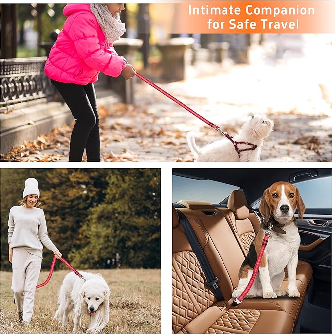 3-Piece Reflective Dog Seatbelt Set - Retractable, Heavy-Duty, Adjustable for Vehicle Headrests - Red