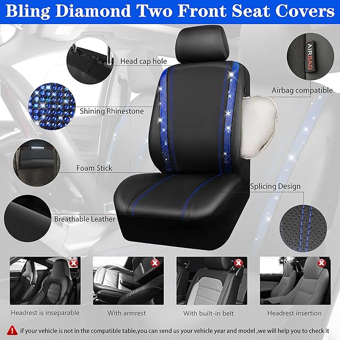 CAR PASS Leather Diamond Bling Car Seat Covers 2 Front Interior Sets, Waterproof Universal Shining Glitter Crystal Sparkle Fit for 95% Automotive Truck SUV Cute Women Girl, Black Blue Rhinestone