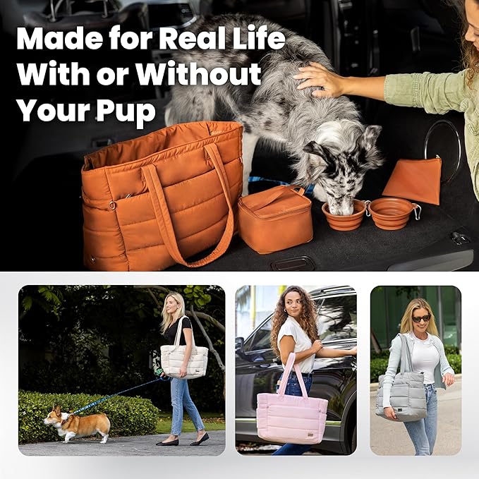 rubyloo Puffer Dog Travel Bag for Dog Moms – Doggy Diaper Bag with Pet Bowls & Food Storage or Everyday Puffy Tote – Doggy Mom Gifts for Women – Lightweight, Travel-Ready Gift for Pet Lovers – Beige