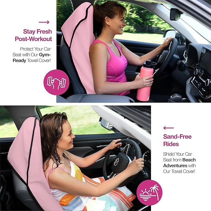 lebogner Car Seat Towel Cover for Post Gym Workout, Running, Swimming, and Hiking, 2 Pack Universal Fit Anti-Slip Waterproof Sweating Bucket Seat Protector for Cars, SUVs and Trucks, Pink
