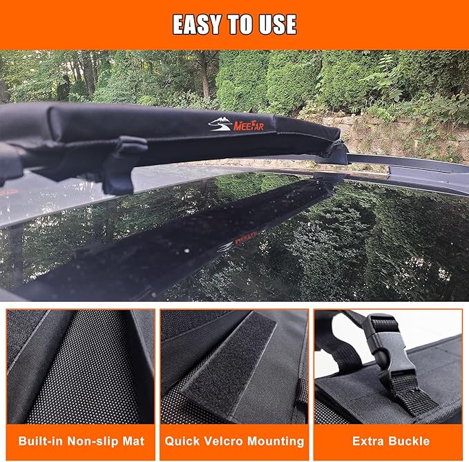 Universal Car Soft Roof Rack Pads Luggage Carrier System for Kayak Surfboard SUP Canoe Include 2 Heavy Duty Tie Down Straps, 2 Tie Down Rope, 2 Quick Loop Strap (Use with Cross Bar)